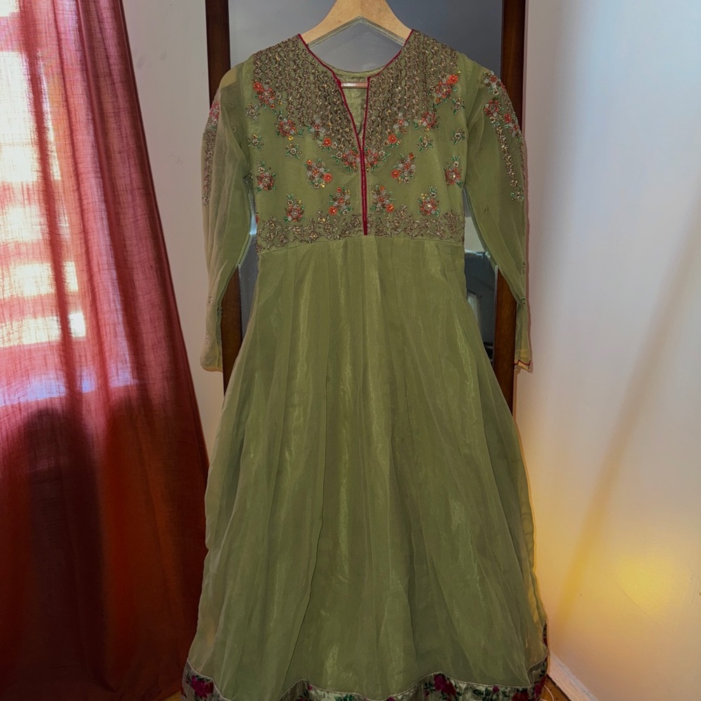 Ethnic Indian Wear Olive Embroidered Anarkali Set (3pc)